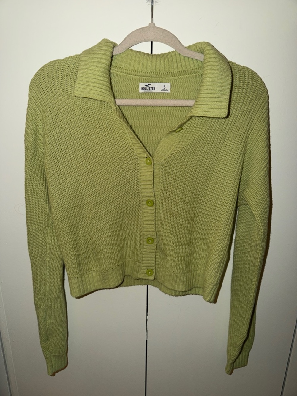 Hollister Light Lime Collared Knit Cardigan